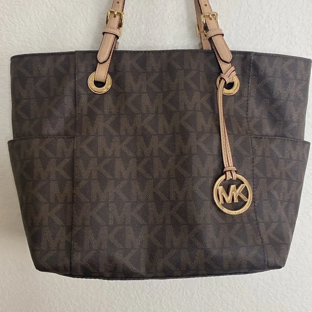 MICHAEL KORS Women’s Logo Monogram Pocket Tote Brown Bag